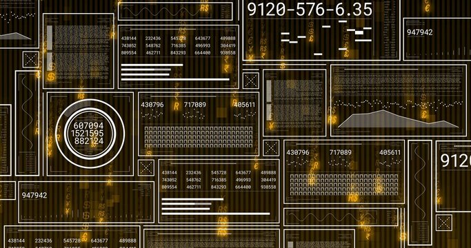 Displaying tiled dashboard on dark striped backdrop, showing outlined panels and circular gauge