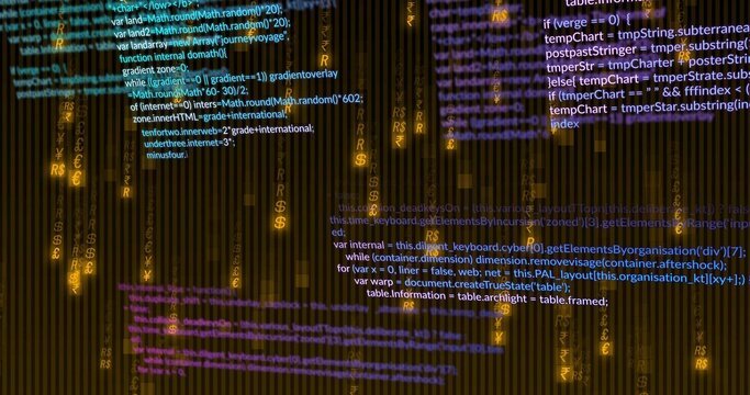 Receiving feed, code and lit money glyphs cascading in UI with amber streaks showing finance