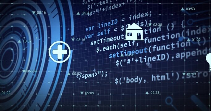 Displaying layered programming code and UI icons centered on dashboard showing radar plus home