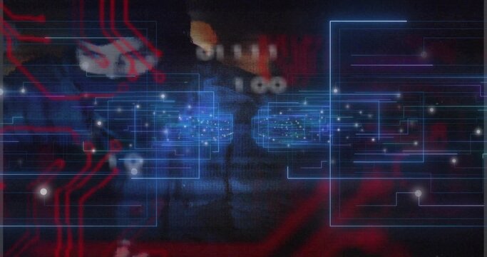 Glowing blue circuit interface pulsing center in dim hardware, showing red trace lines and nodes
