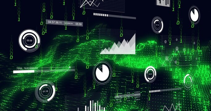 Streaming green waveform centered on dashboard with pie dial, showing binary digits
