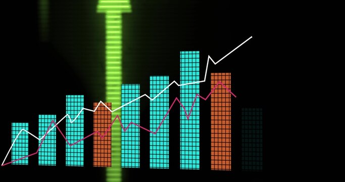 Displaying tiled cyan orange bars with white magenta lines on dark dashboard, glowing green arrow