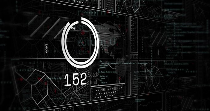 Displaying circular progress gauge with numeric readout 152 and dotted world map on dashboard