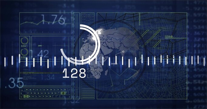 Displaying centered dashboard on command console showing dotted Africa map, HUD rings, numbers