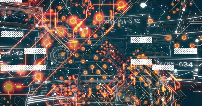 Pulsing central clustered circuit pattern on dark teal-blue panel, showing glowing nodes and lines