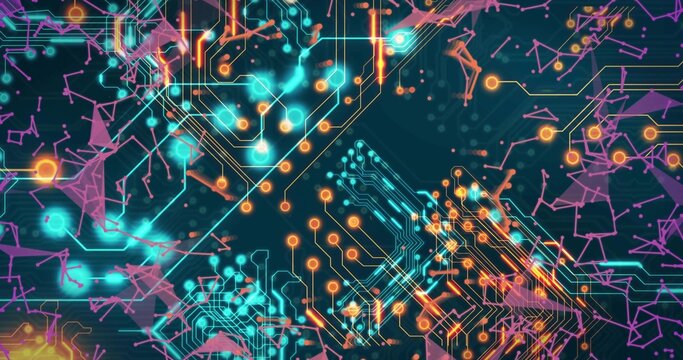 Displaying centered circuitry network in digital environment, with teal PCB traces and orange nodes