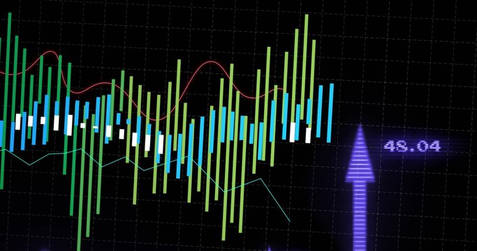 Displaying candlestick chart with red and cyan trend lines on dark grid, purple arrow 48