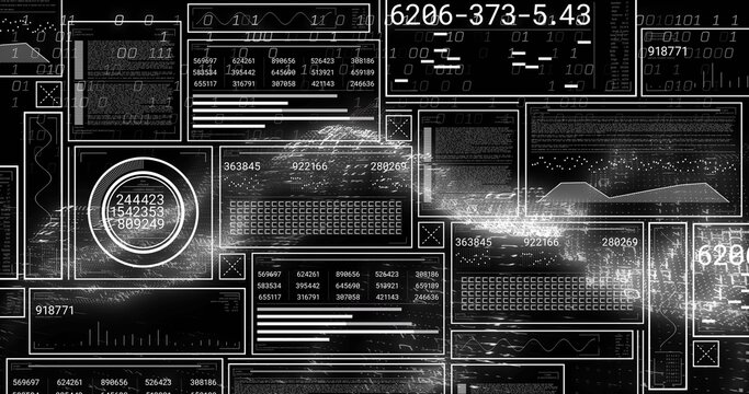 Displaying tiled dashboard cluster on dark field, showing circular gauge, numeric readouts, binary