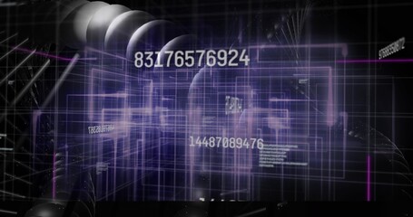 Obraz premium Booting center holo HUD updating for data visuals in simulation, showing 83176576924,14487089476