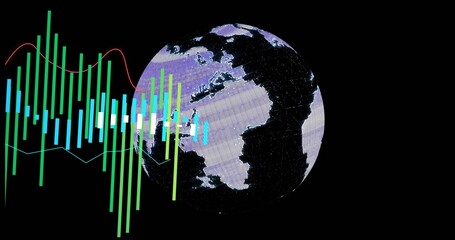 Fototapeta premium Displaying pixelated Earth globe glowing on right in data display, with neon bars and waveforms