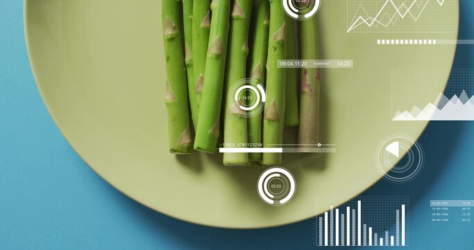 Displaying asparagus bundle undergoing scan as overlays appear on green plate in studio for quality