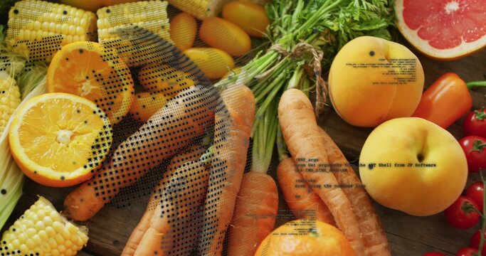 Mesh overlay appearing, camera panning carrots with tied greens on wooden board for display