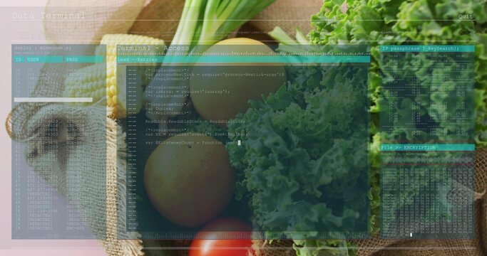 Showing login prompt, terminal overlaying kale, tomato, onion in burlap sack on table for inventory