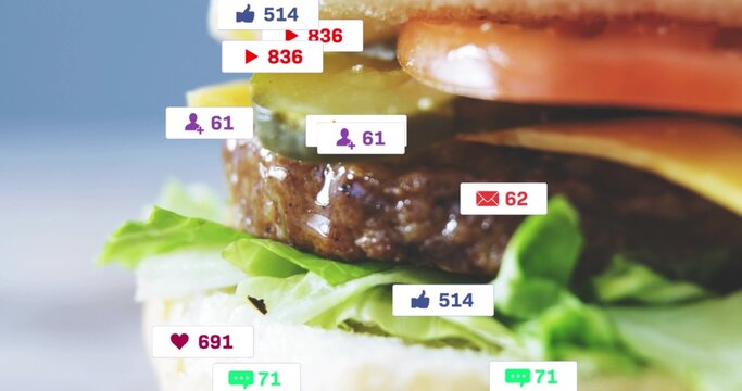 Showing hamburger sitting in studio, highlighting sauce, lettuce, beef patty and social badges
