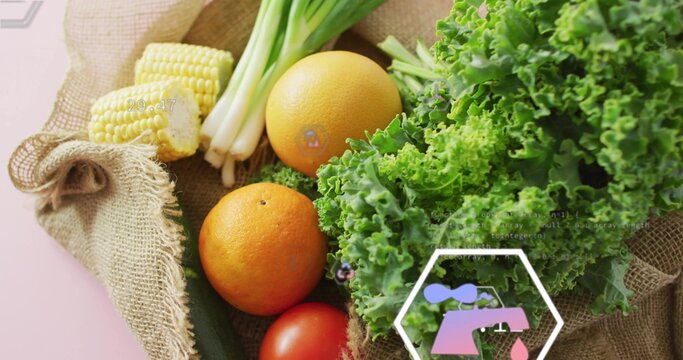 Showing curly kale cluster on burlap on pale-pink tabletop, with produce and hexagon faucet overlay