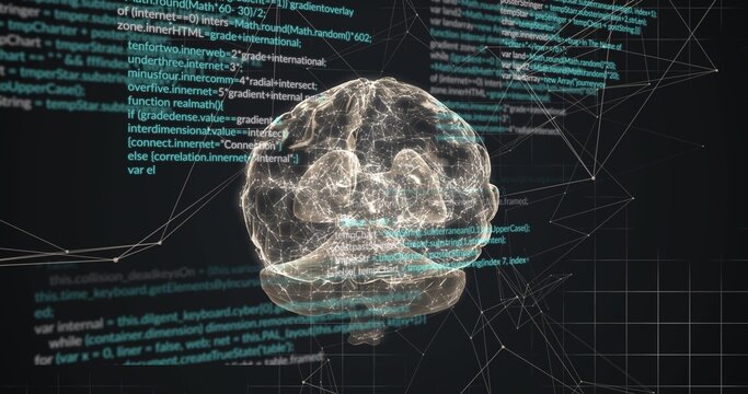 Pulsing 3D hologram brain model reacting to data stream amid wireframe nodes, code panels scrolling