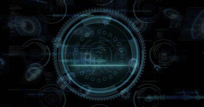 Displaying central HUD pulsing on dark grid UI, showing rings, fingerprint and horizontal flare