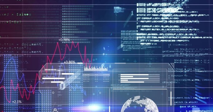Displaying data dashboard on dark screen, showing red-blue charts, percent labels, code columns