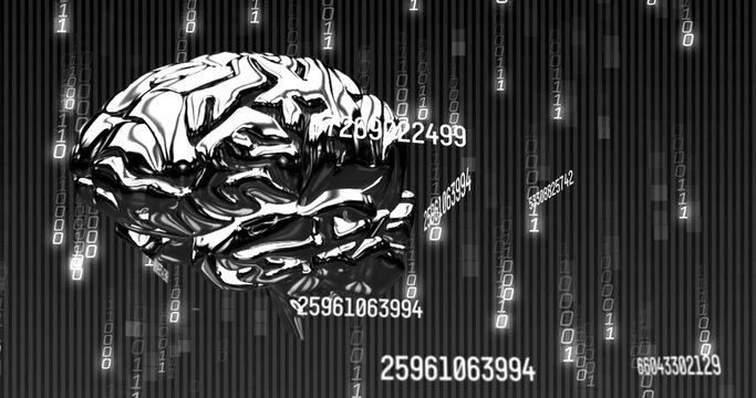 Vertical video: 0s and 1s flowing driving chrome brain left hovering catching and parsing AI data