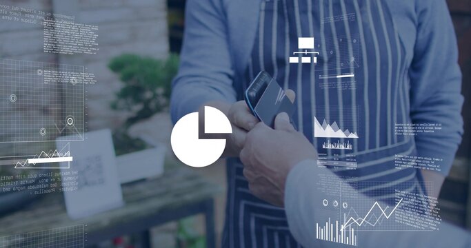 Exchanging merchant and customer tapping smartphone to terminal at counter, striped apron analytics