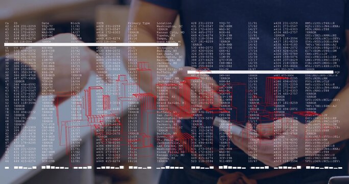 Working Chinese professional wearing navy blazer and dark shirt, tapping tablet in office, with HUD