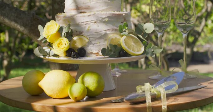Camera rising, showing two-tier cake on table under tree with lemons, ribboned knife for party
