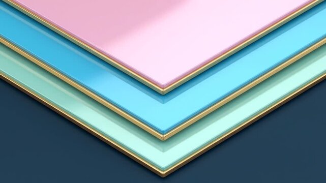 Abstract background featuring multiple overlapping layers of shiny, colorful angled parallelograms with a metallic finish and vibrant light reflections in a geometric composition.