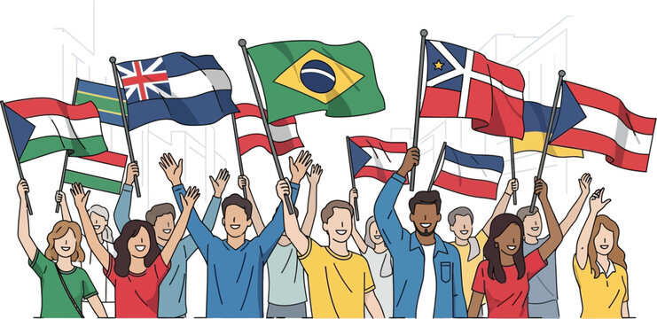 Diverse group of enthusiastic people standing together and waving many national flags to celebrate unity and international global cooperation today