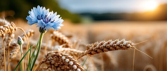 Fototapeta premium Close up of a blue cornflower in a golden wheat field under sunset light creating a striking visual with nature's colors and beauty