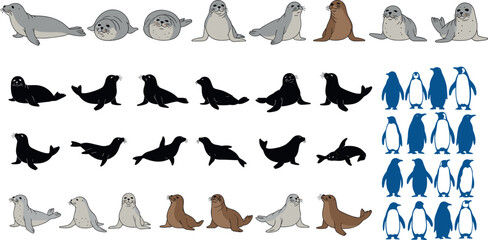 Seal and penguin collection with silhouettes and cartoon poses marine and polar animals isolated vector illustration set © Md