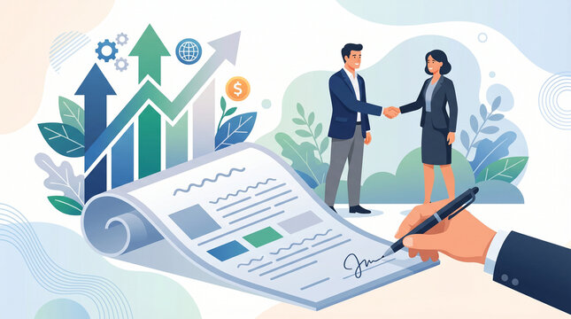 Business people shaking hands over a signed contract with financial graphs and charts in the background upward trend agreement business handshake contract partnership collaboration negotiation