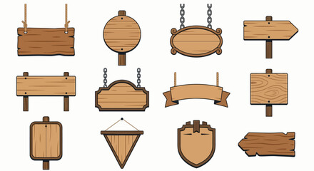 Collection of various wooden sign shapes and designs on a white background © vectors home