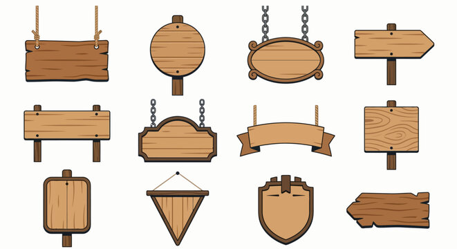 Collection of various wooden sign shapes and designs on a white background
