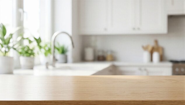 Empty polished light oak wood tabletop on a blurry contemporary kitchen background. A clean surface for food or product display.