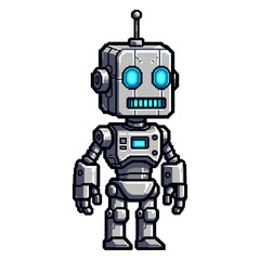Fototapeta premium 小さなロボットのキャラクターが正面を向いて立っている。青い目と口が特徴的で、レトロなデザイン。