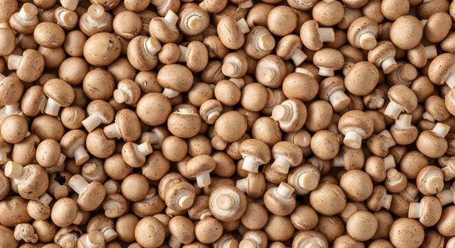 Background of small, round brown button mushrooms (Cremini) packed together.