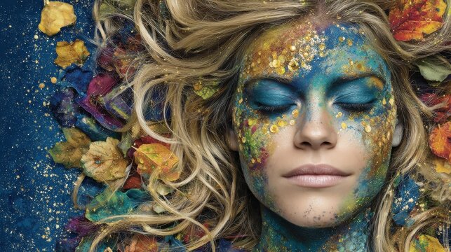 Colorful flowers encircle a woman with shut eyes, set against a bright blue backdrop and featuring soft facial features on a wall art poster