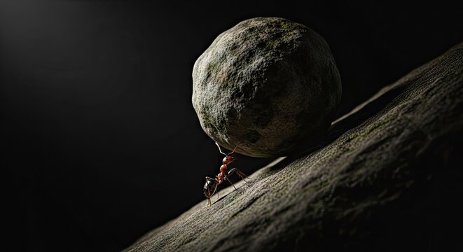 Ants carry a large stone up a hill in a conceptual scene about effort