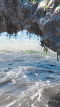 Boat Passing Through Stone Arch Tunnels with Greenery, Water Reflection, Cinematic Vertical 4K Animation

