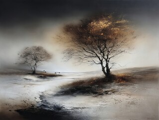 Fototapeta premium Muted colors portray a rural daytime landscape with trees beneath a cloudy sky