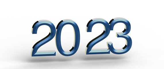 Happy New Year 2023. Shiny blue 3D text isolated on a white background. Perfect for holiday greetings and celebrations. © vegefox.com
