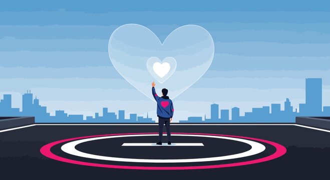 Man reaching for glowing heart symbol on helipad with city skyline background