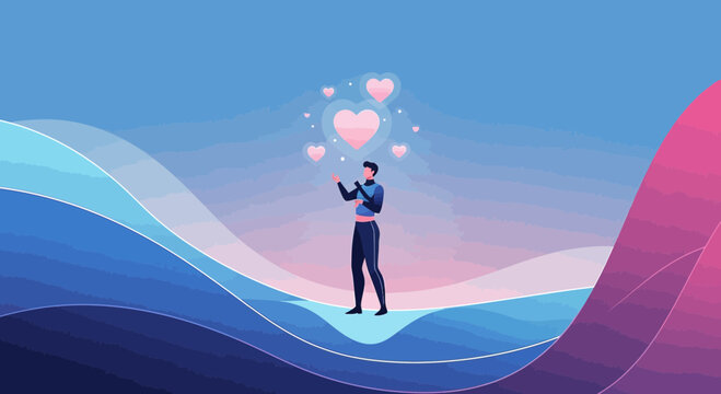 Man Sending Love Vibes, Digital Hearts Floating in Abstract Gradient Landscape