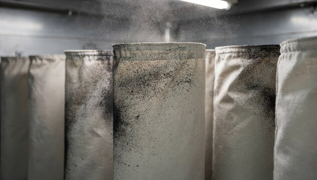 Closeup medium view of cloth filter bags coated with protective layer inside a pulsejet bag filter capturing carbon black particles during filtration.