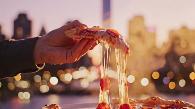 Hand Picking Up Pizza Slice with Melting Cheese Pull and City Skyline Background