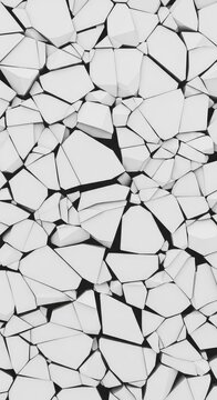Abstract composition of shattered, discontinuous white and gray pieces, creating a fragmented blank background with rough texture and space, broken, brokenness, white