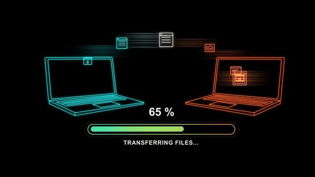 Two Laptops Exchanging Files Through A Digital Transfer Process.  Digital Documents Transfer and Technology Data Sharing Concept Animation. Progress Bar Indicates Upload Status