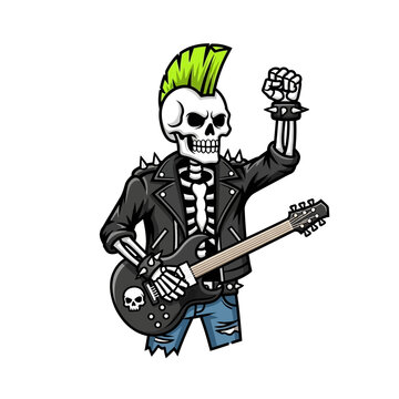 Punk Skeleton Rocker with Guitar and Mohawk, Fist Raised