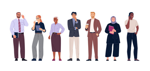 Naklejka na ściany i meble Business Team Collection. Vector cartoon illustration of a group of diverse people in business outfits standing together. Isolated on a transparent background.