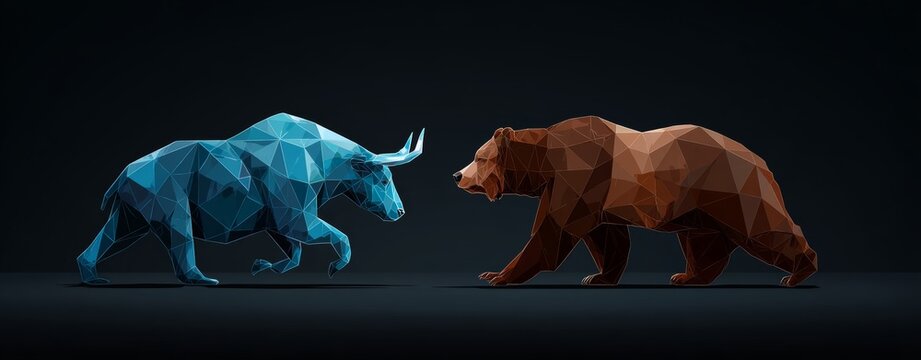 In a futuristic geometric illustration, a blue bull and a brown bear, both rendered in low‑poly style, face each other